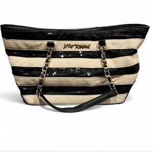 Betsey Johnson Purse White & Black Stripes w/ Sequins & Chain Handles